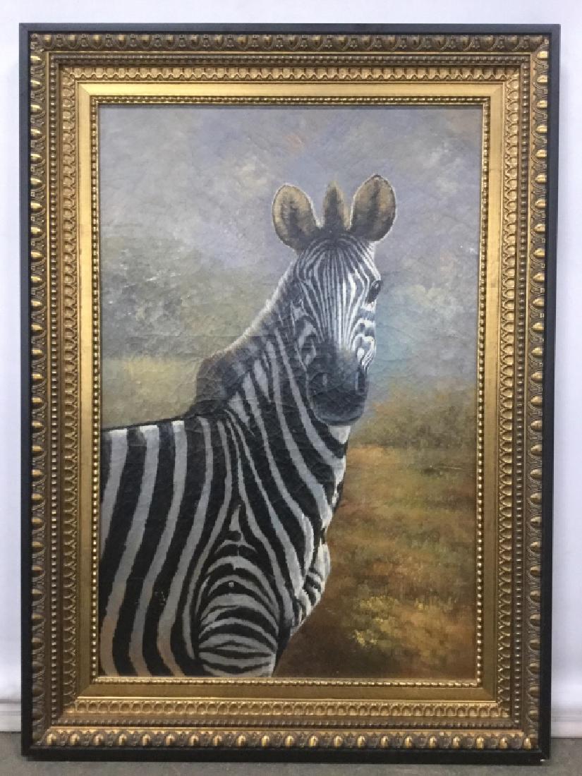 Framed Oil on Panel Painting of Zebra: Framed oil on panel, board painting of zebra. Artwork depicts zebra in grassy landscape. Board is Set in gold and black tone wood carved style frame. Measures approx 36.5 inches in height by 26.75 inc