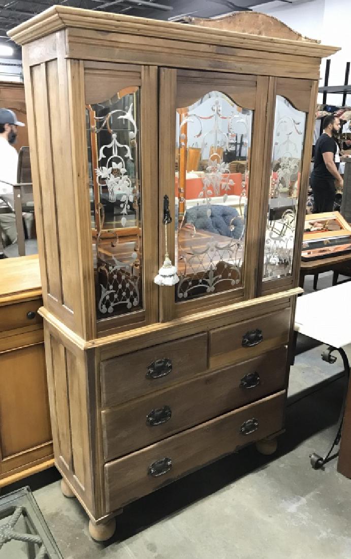 20th Century Mirrored Topped Pine Armoire Dresser: 20th Century Pine Armoire Dresser On Ball Footed base, Top Front W intricate floral, leaf and scroll mirrored design, and four lower wooden drawers and metal drawer pulls, measures approximately 75 in