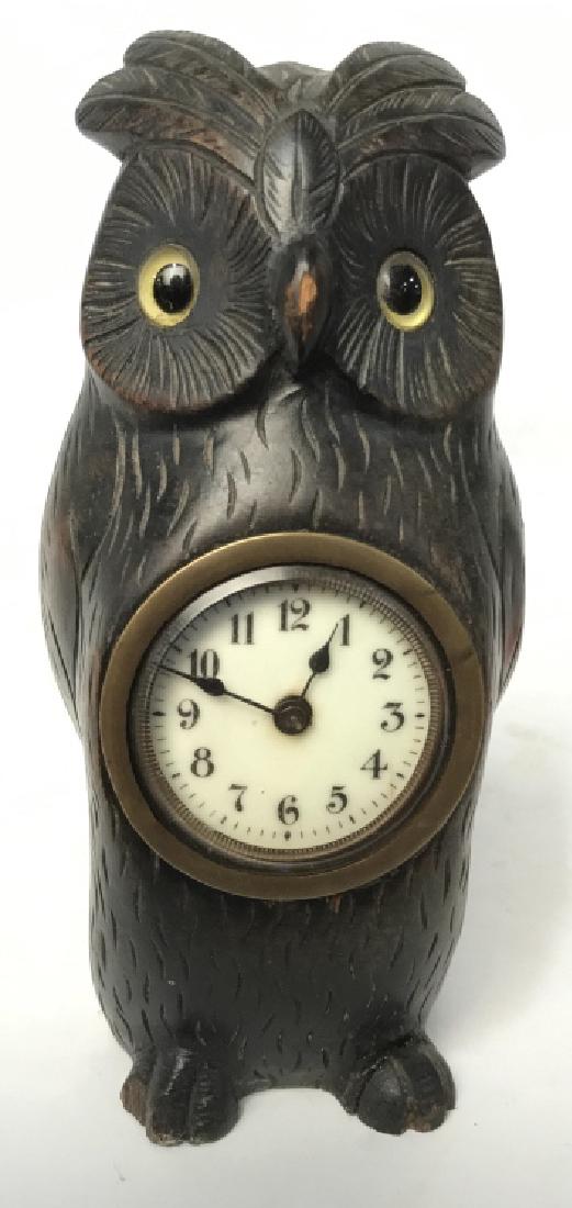 Carved Wood Owl Figural Clock: Carved wood owl with glass eyes and clock center, measures app 8 inches ht, desk top accessory, vintage owl clock, mantle clock, animal statuary