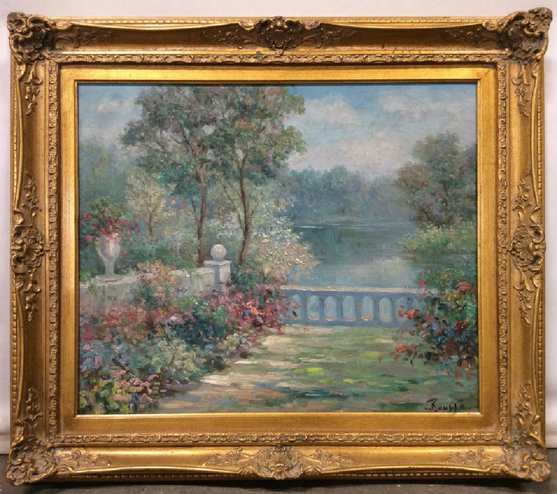 Signed BAUFFE Oil on Canvas Impressionist Garden: Signed Oil on Canvas Impressionist Artwork depicting spring lake manor in style of Monet. Signed BAUFFE in lower right corner, possibly for Belgian painter Victor Bauffe (1849 - 1921). Canvas is set i