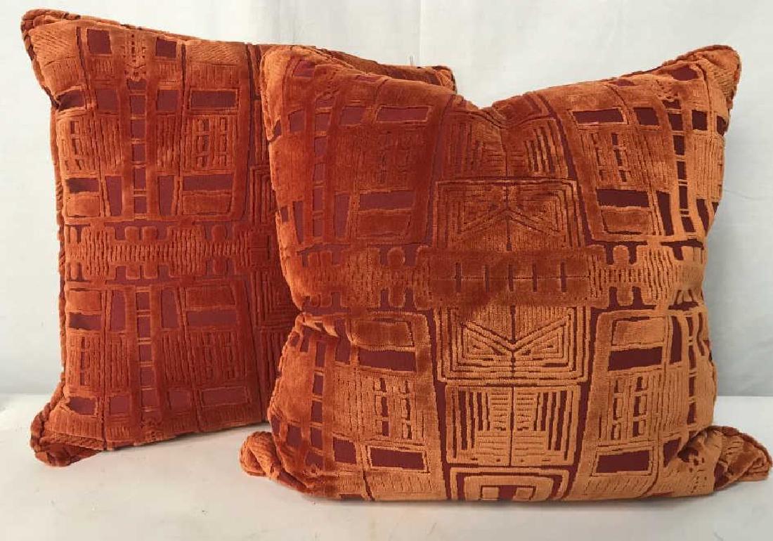 Pair Custom Designer Orange Cut Velvet Toss: Down Filled Toss Pillows , throw pillows, accessories, home decor, luxury custom made pillows in deep orange cut to raspberry linen silk, good condition each measures app 22 inches square, NYC D and D