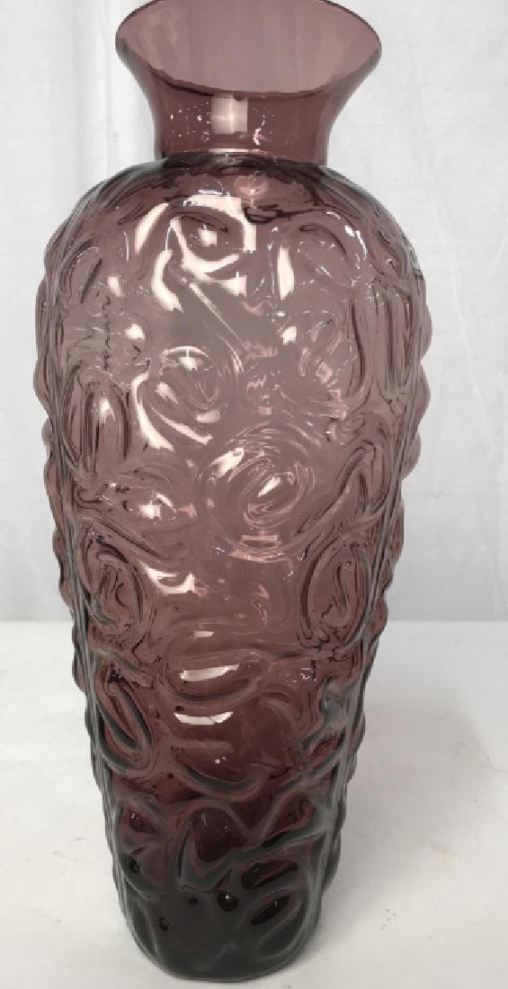 Large BLENKO Glass Vase Vessel: Amethyst Toned glass with raised swirl patter, marked for Blenko, vase, easel, tableware, decorative accessory measures ht app 17 inches diameter app 8 inches