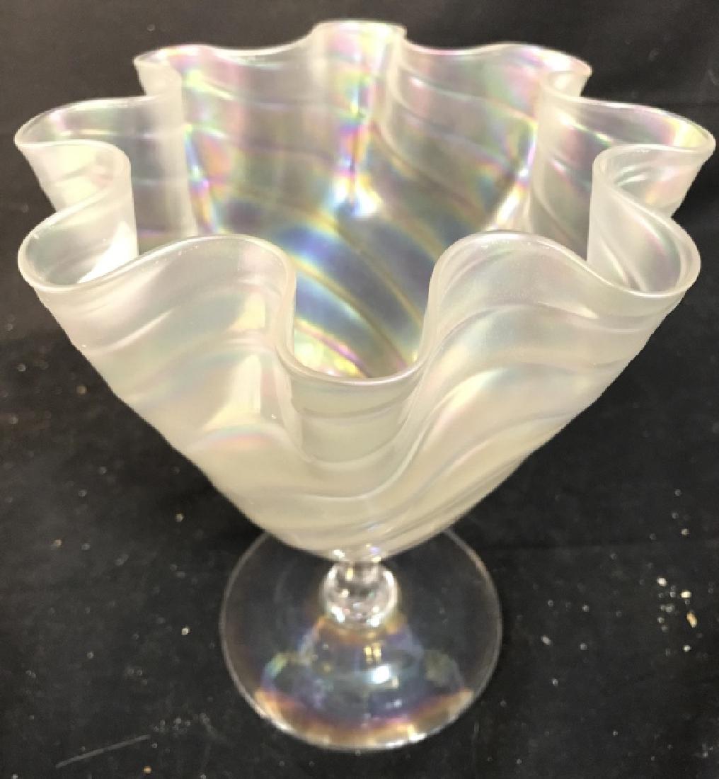 Opalescent Footed Art Glass Vase: Vase is white toned with pearlescent colors. Vase has furled rim. Possibly attributed to Steuben. Opalescent, Pearlescent, Iridescent. art glass, decor piece, decorative accessory, home accent, tablew