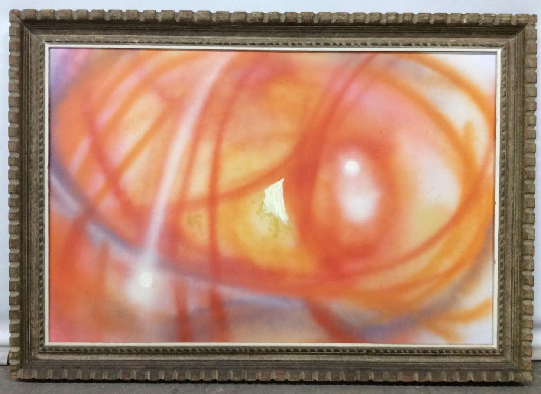 Original Abstract Spray Paint, Mixed Media Artwork: Original abstract spray paint and possibly oil paint mixed media on canvas artwork. Artwork has vibrant orange and red color palette. Artwork is lined and set in carved wood frame. Measures approx 28.
