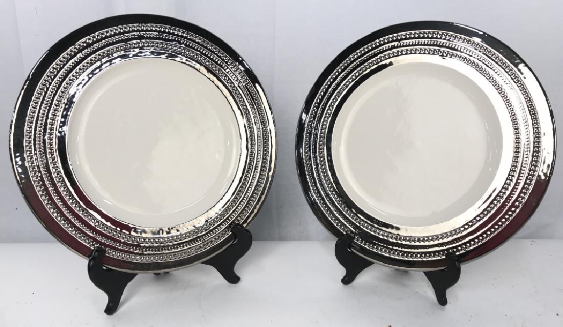 Lot 12 CRATE & BARREL Porcelain Plates: Dinner plates are porcelain. Undersides of each read CRATE & BARREL MADE IN ITALY. Each measures approx 12.5 inches diameter. dinner plates, tableware, tabletop accessory, 6
