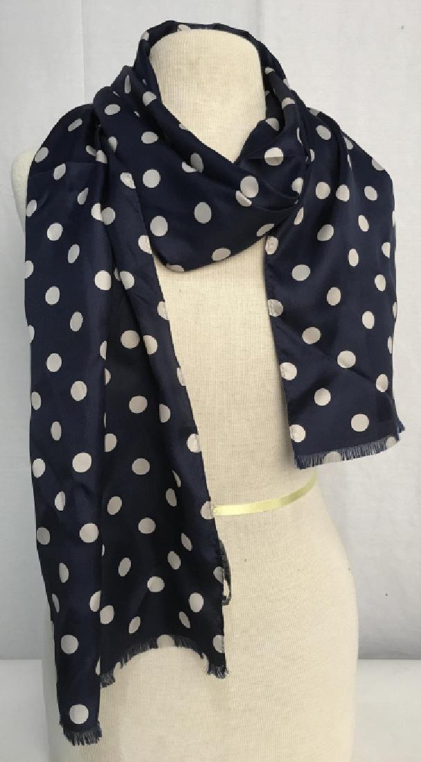 Ralph Lauren Polka Dot Silk Scarf: Ralph Lauren polka dot silk scarf. Scarf is navy with white polka dots. Label reads for Ralph Lauren, 100% silk. Measures approx 17 inches by 73 inches in length. Some minor blemishes, Might need spot