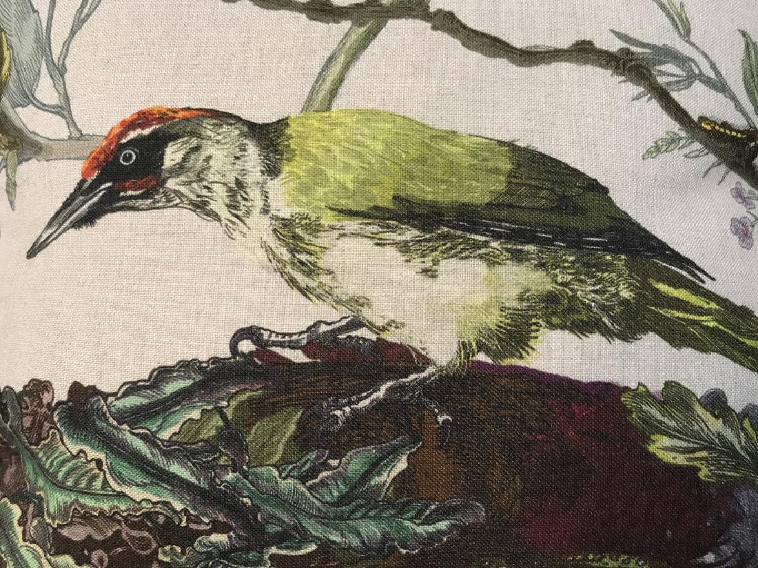 Timorous Beasties Decorative Throw Pillow: Timorous Beasties decorative throw pillow with bird in landscape motif. Zipper pillow case closure. Pillow case marked for Timorous Beasties. Measures approx 18 inches squared in length and width, 7 i