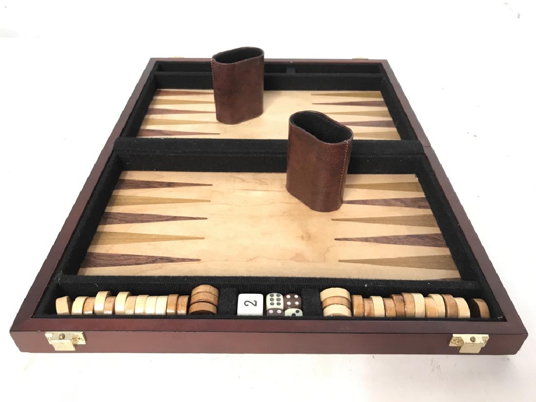Wooden Travel Backgammon Kit: Backgammon kit includes board, 4 dotted dice, 1 numbered dice & 30 wooden chips. 16 inches long 12 inches wide when fully opened. Game board, backgammon, travel accessory 6.