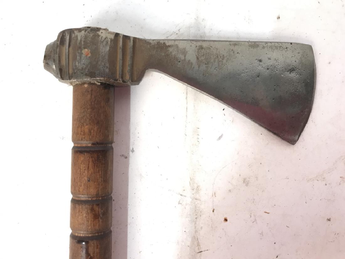 19 Century Wooden Handle Tomahawk: Handle of Tomahawk is wooden. Blade is silver toned and metal. Measures approx 17 inches tall 5 inches wide with blade. Vintage Tomahawk, antique tomahawk. weaponry, collectible weapon 6.