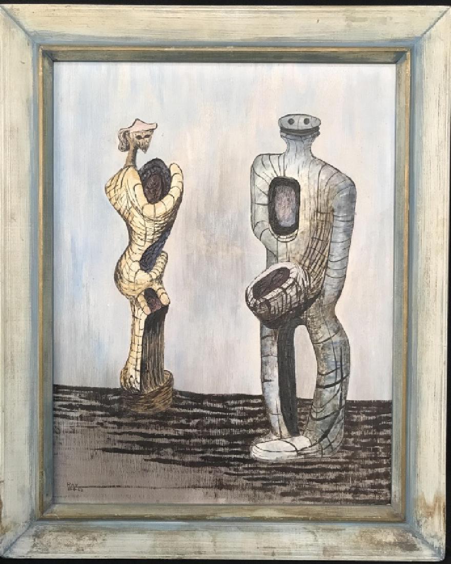 Signed RAY Oil on Board, Attrib. to MAN RAY, 1962: Signed oil on Canvas board, dated 11/4/1962, titled ‘Surreal Figures.’ Signed ‘RAY’ and dated in lower left corner, attributed to MAN RAY (American, 1890-1976). Artwork depicts two surreal sty