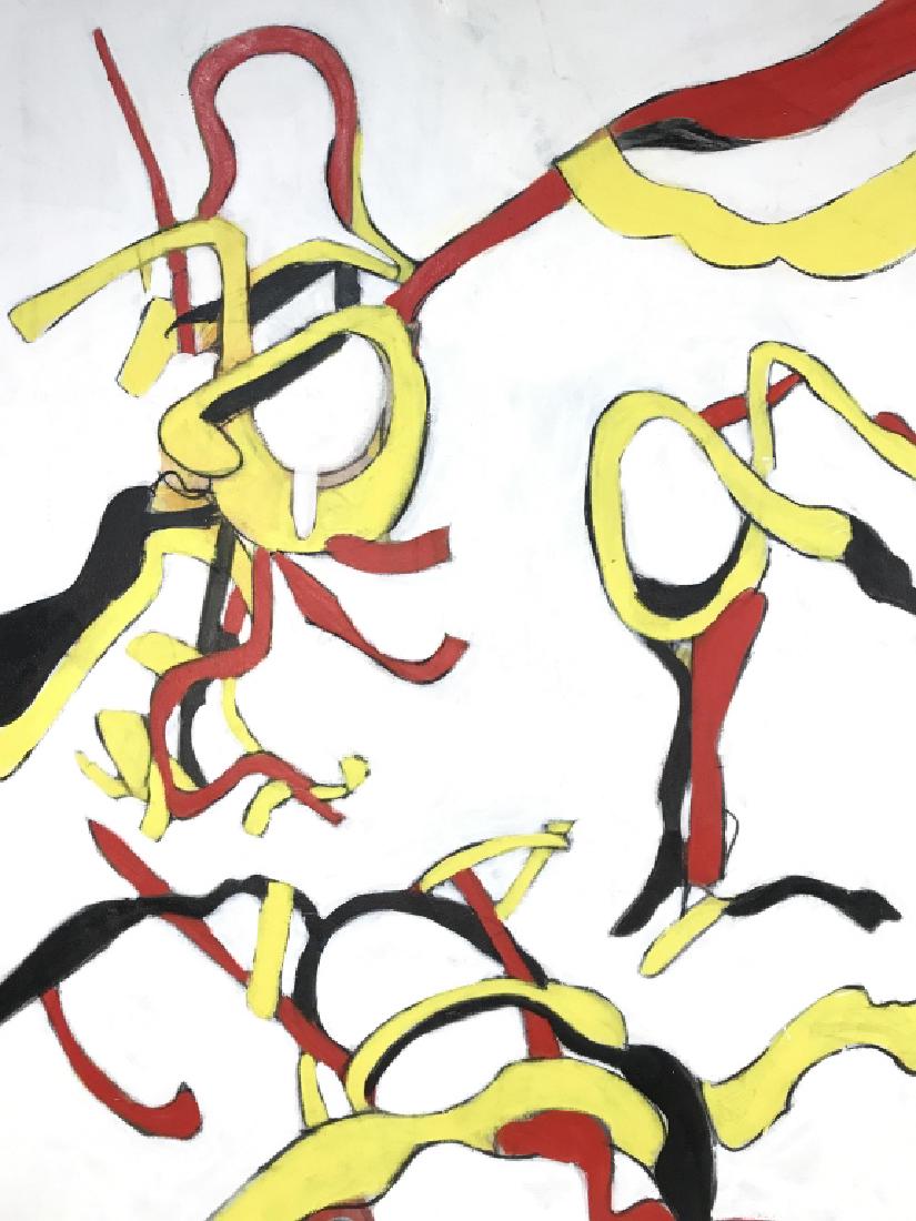 Oversized Abstract Framed Oil On Canvas: Framed Oversized Abstract Oil Painting On Canvas With red, black, yellow design on a white background. In style of Willem de Kooning. Property Of a Rowayton Connecticut Waterfront Estate. Measures app