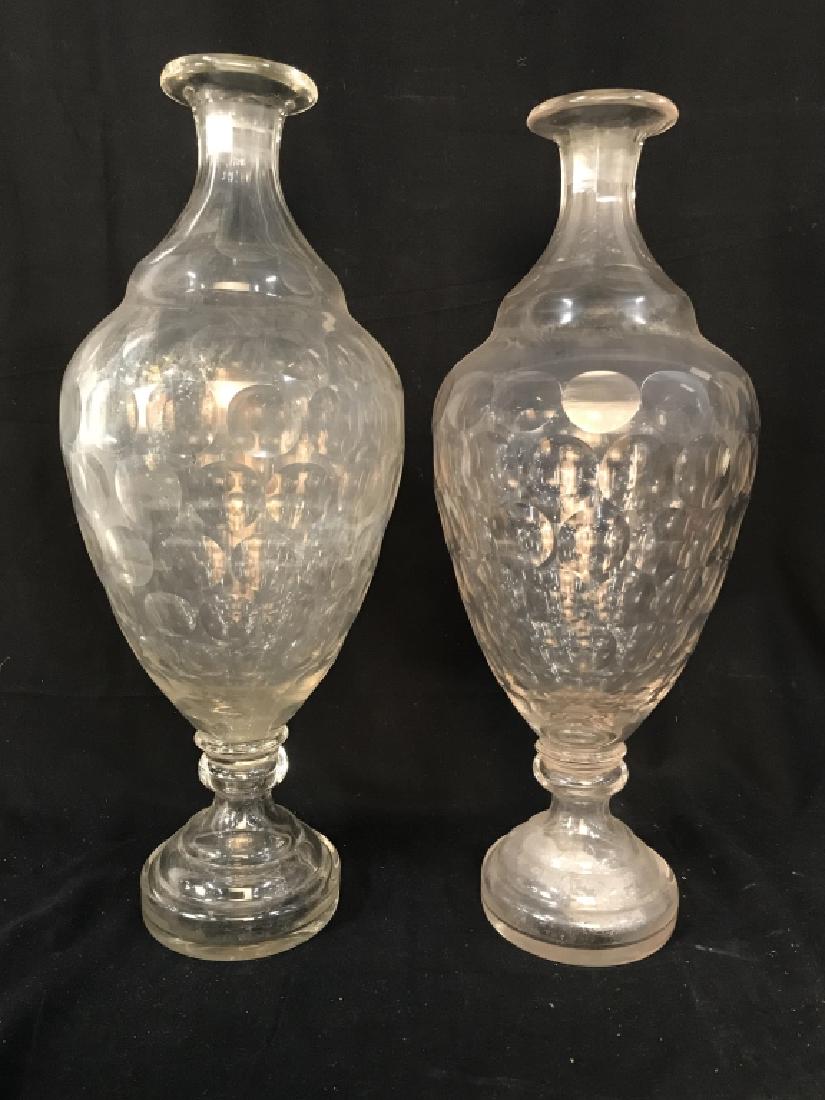 Oversized Antique Apothecary Glass Dispensers: Hand Formed antique glass vessels, Urn form shape, ringed pedestal bases impressed circular pattern, original window displays for New York City Apothecary. druggist, Chemist Circa 1920s And 1930’s, 