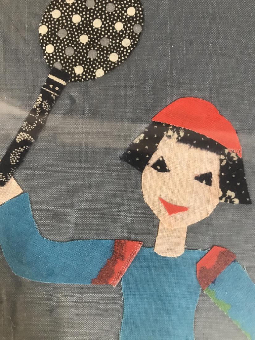 BET, fabric Collage Mixed Media Artwork, 1977: Signed and dated lower right, fabric patchwork of youth playing tennis, framed and matted measures app 13.5by 9.5 inches Wall art home accent, home decoration, illustrative art, textile art