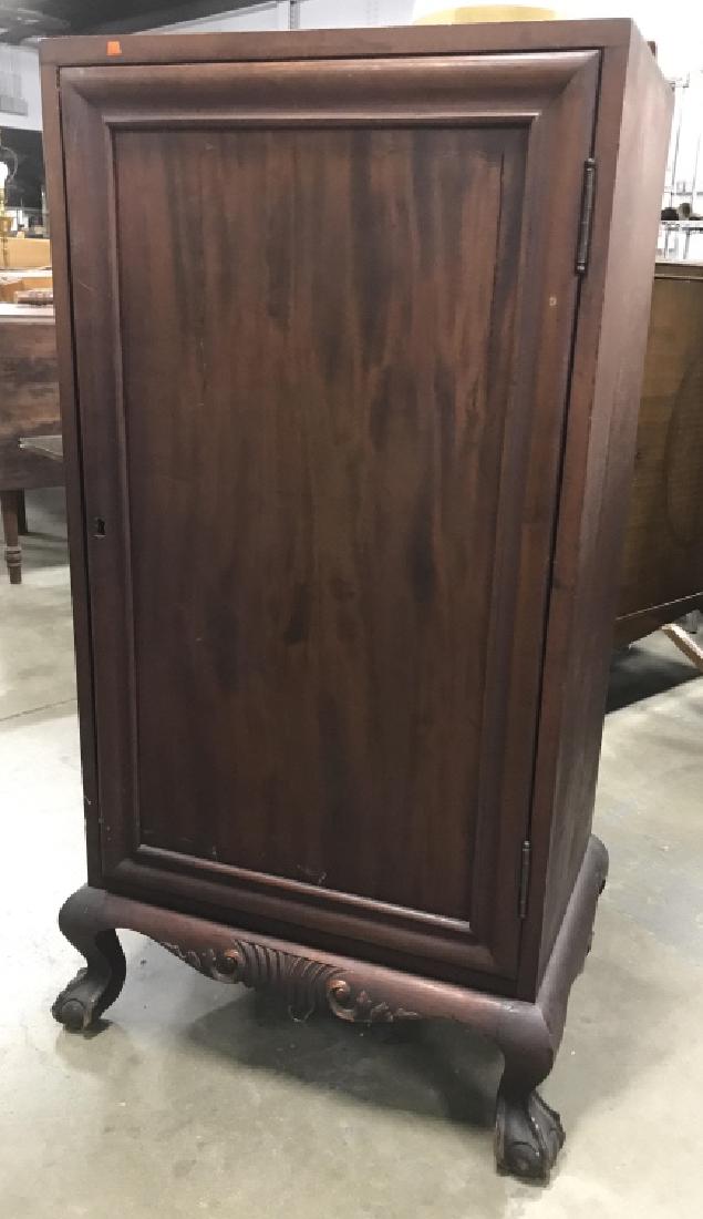 Victorian Style Mahogany Music Cabinet: Single dorm cabinet curved deep shelves for sheet music, Carved ball and claw feet, measures app ht 43 inches, too 20 by 14 inches, piece has surface wear home furnishings, home accent, end table side