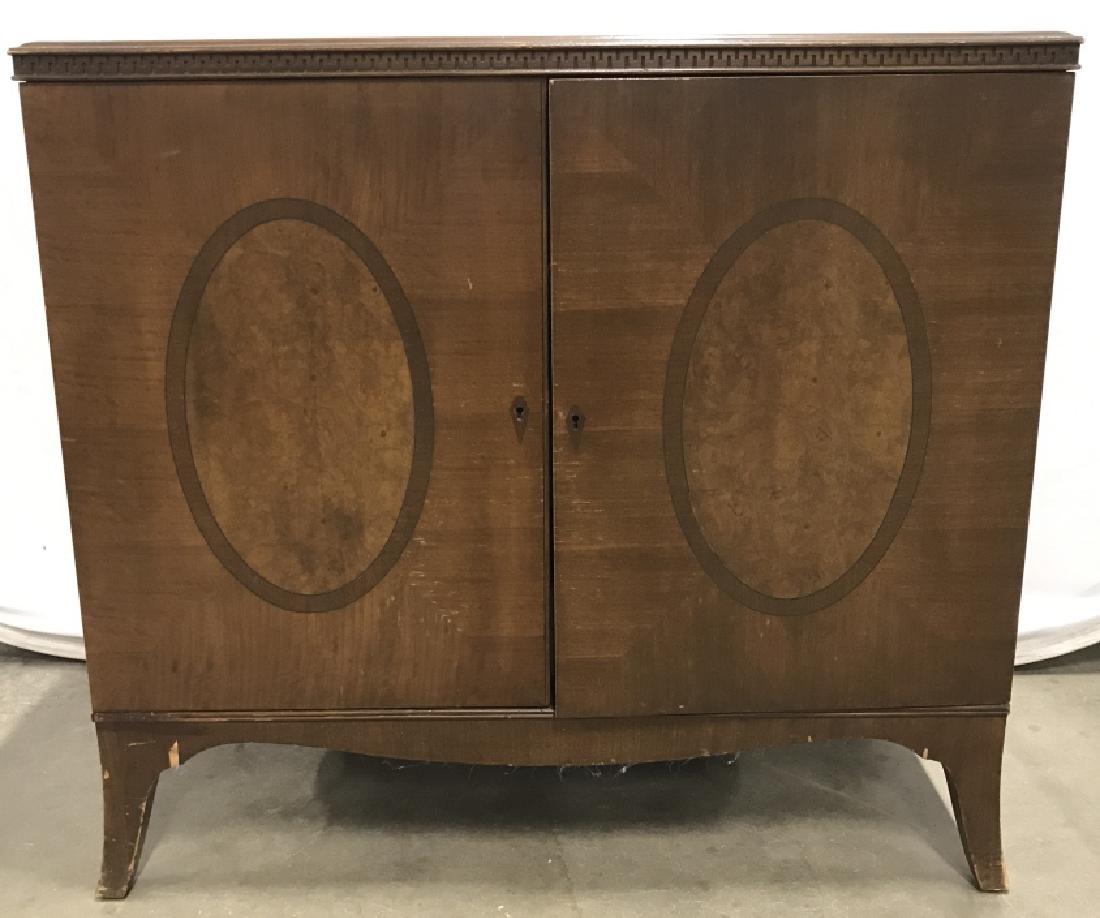 Vintage Wood Side Board W Marquetry, Parquetry: Vintage wood buffet w marquetry, parquetry. Side board has three interior drawers. Side board, server, buffet, cabinet, commode. Some surface wear, missing veneer. Measures approx 35.25 inches in heig