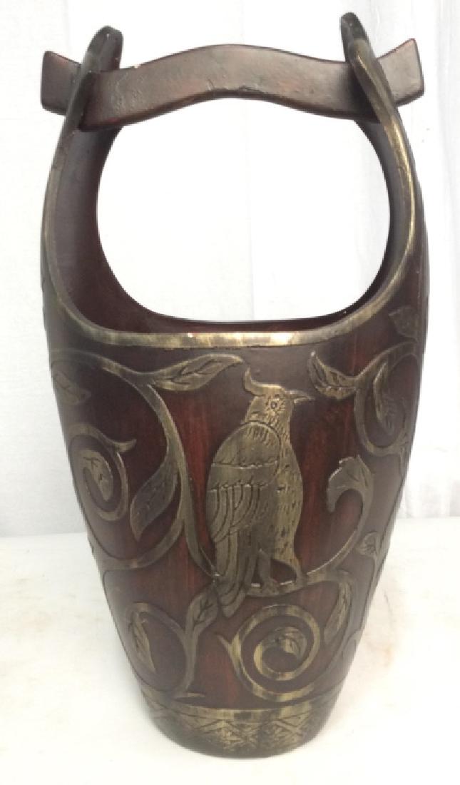 Asian Ceramic Handled U breakaway Bucket: Umbrella stand, upscale planter Asian Arts and crafts, asian Decorative Arts metallic finish to birds and vines design stands proud from ceramic under glaze in wood tones, measures app ht 20 inches, d