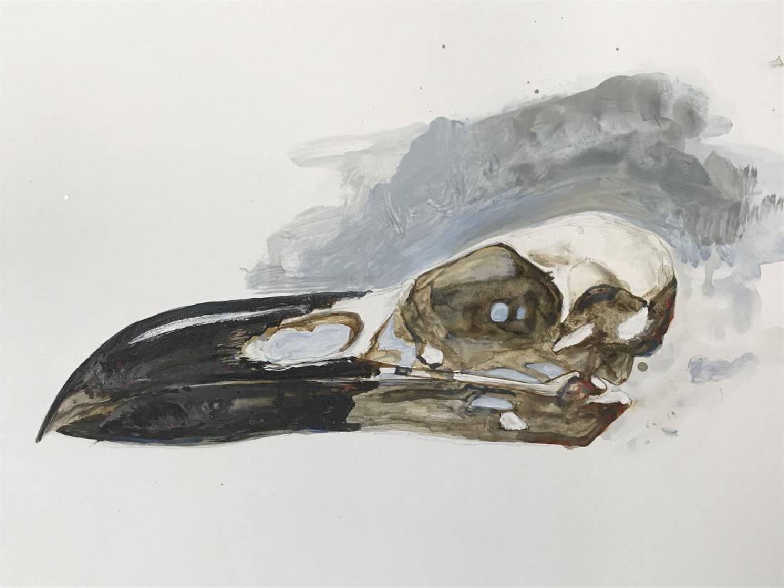 Signed & Inscribed BISMUTH Acrylic on Paper: Signed and inscribed Henry BISMUTH acrylic painting on paper, possibly a mix of acrylic and watercolor. Artwork depicts bird skull. Signed in paint H. Bismuth in lower right corner. Inscribed in penci
