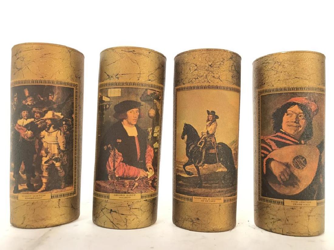 Set 4 Printed Image Glasses: Lot includes 4 candle glasses each depicting different works of art including Night Watch Rembrandt, Georg Gisselle Holbein, Man On A Horse De Keyser, & The Jester Frans Halls. Each piece is gold tone