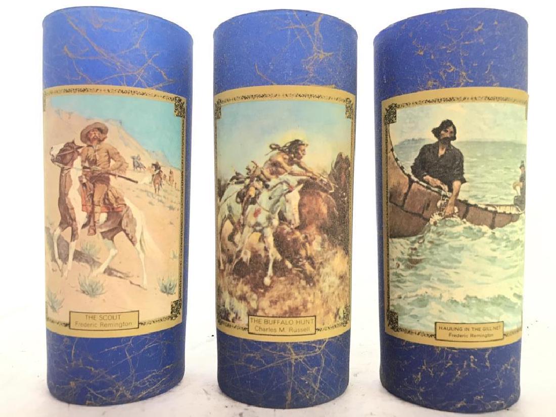 Set 3 Printed Image Glasses: Lot includes 3 printed image candle glasses, each contain images of different works or art including. THE SCOUT Frederic Remington, THE BUFFALO HUNT Charles M. Russell, & HAULIN IN THE GILL NET Federi