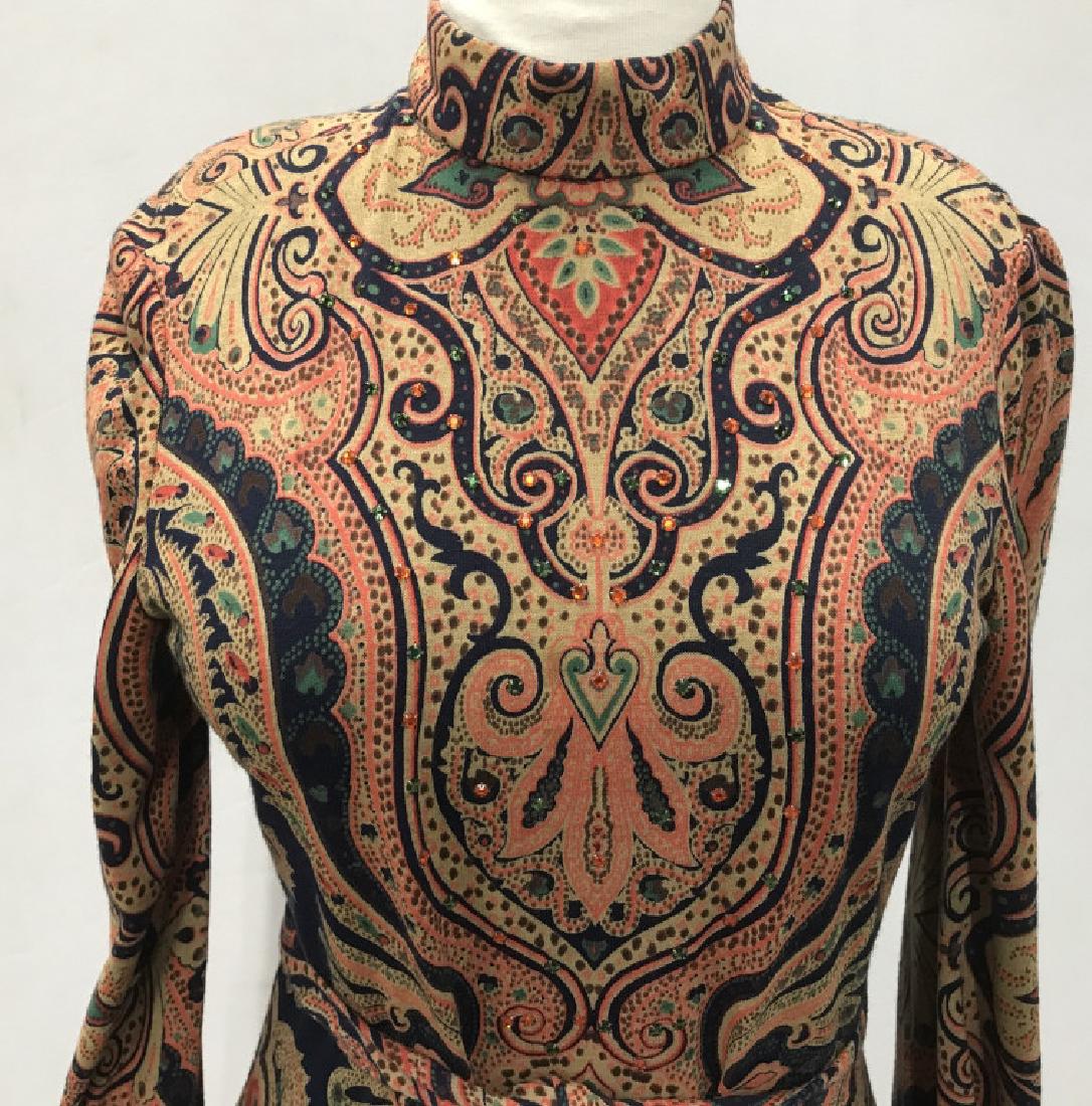 70s Style Floor Length Paisley Dress: 70s Style Floor length paisley gown, dress. Long sleeves and mock neck. Tie closure at waist. Some rhinestone embellishments. Label reads size 10. Women’s ladies’ full length dress, 1970s style pa
