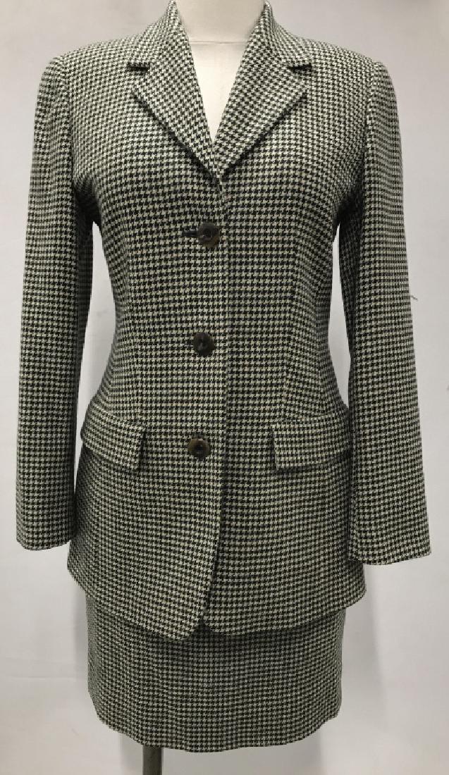 LES COPAINS Designer Blazer & Skirt Set: Blazer and skirt are wool and cashmere blend, green tone pattern. Label reads for LES COPAINS, Size 40 I/S. Women’s ladies designer fashion, designer blazer jacket skirt set, designer clothing, suit