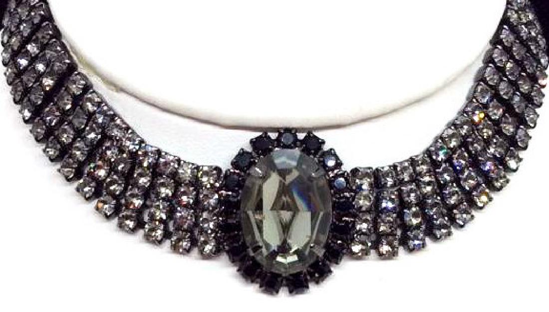 Rhinestone Choker Necklace: Dark toned metal body and grey toned rhinestones, measures app 5in long . Women’s vintage estate jewelry, statement jewelry, vintage costume jewelry fashion accessory, wearable accessories. 4