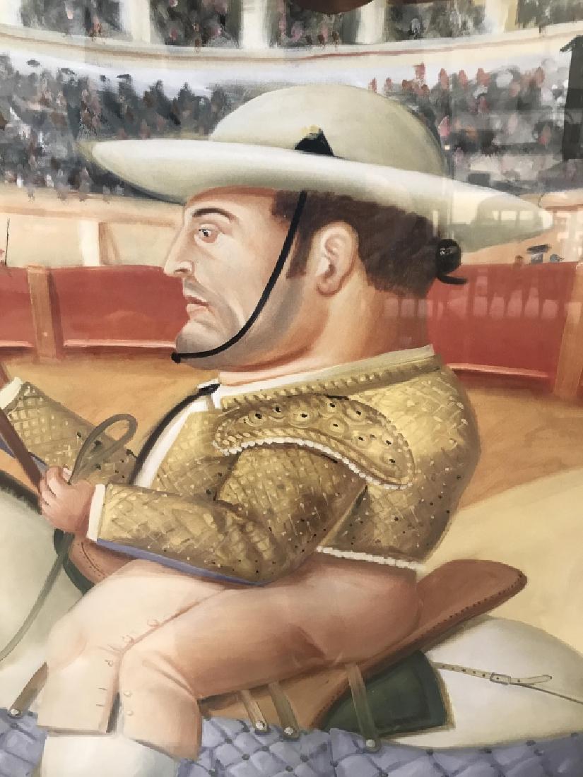 Framed Fernando Botero ‘Sevilla’ Poster: Framed Fernando Botero ‘Sevilla’ Poster Print. Poster is set behind glass in wood frame. Measures approx 41 inches in height by 28 inches in width with frame. Fernando Botero Poster Print, Seville