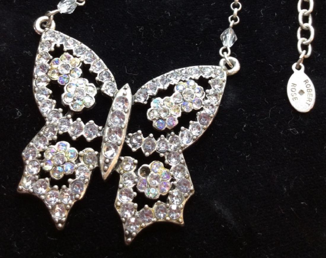 ROBERT ROSE Rhinestone Butterfly Pendant Necklace: Women’s rhinestone necklace with butterfly pendant, missing a rhinestone, Measures approx 7 in long, Women’s vintage estate jewelry, statement jewelry, vintage costume jewelry fashion accessory, w