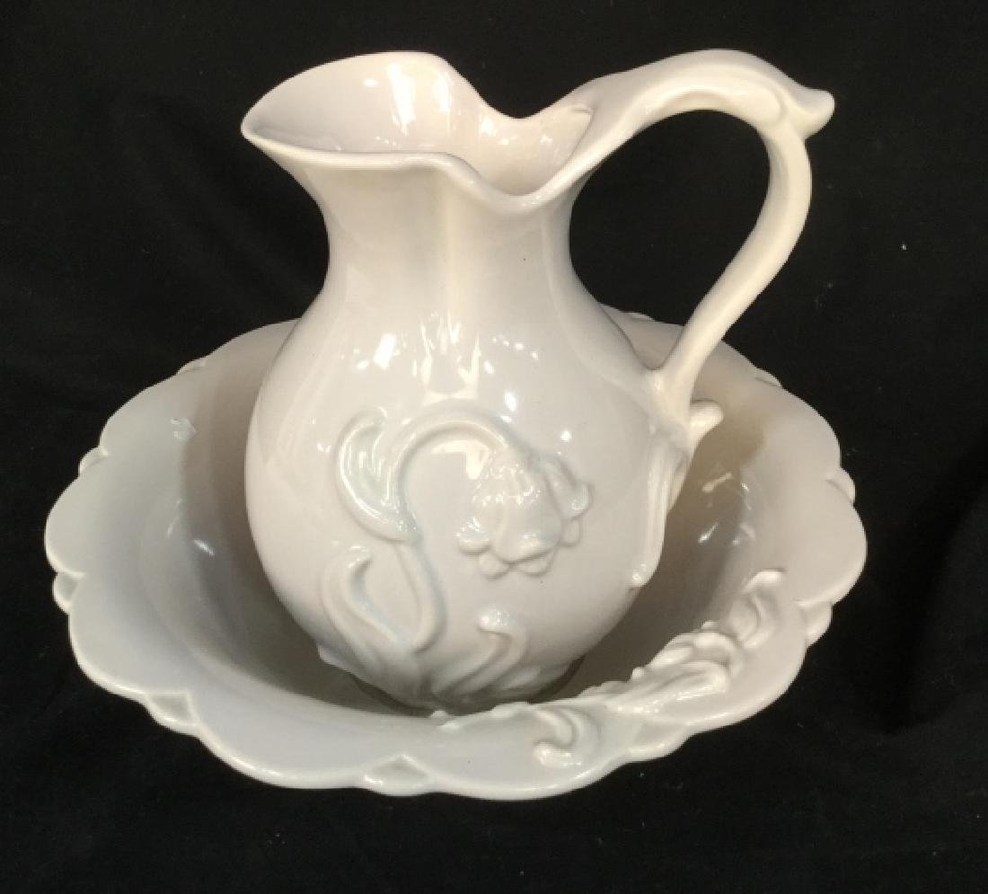 Royal Haegar USA porcelain Pitcher w Bowl: White porcelain wash set, ceramic, pottery ever with basin, up cycle table ware, vase, vessel, bowl measures ht 4 inches diameter 12 inches Pitcher ht app 10 inches, collectible Haegar Pottery, vanity