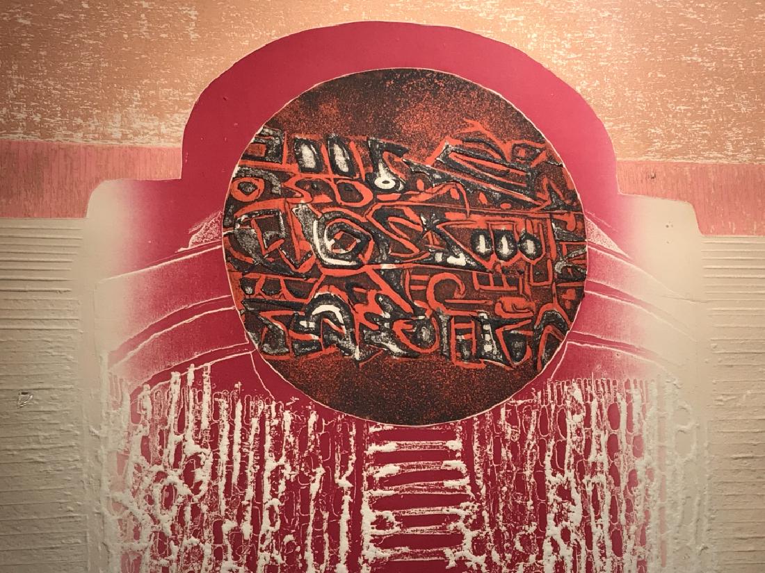Signed & Numbered Claudio JUAREZ Abstract Etching: Signed and numbered Claudio JUAREZ textured etching, possibly mixed media. Etching is signed in pencil by artist in lower right corner, titled ‘Inca Clock’ bottom center, and numbered 248. / 250 i