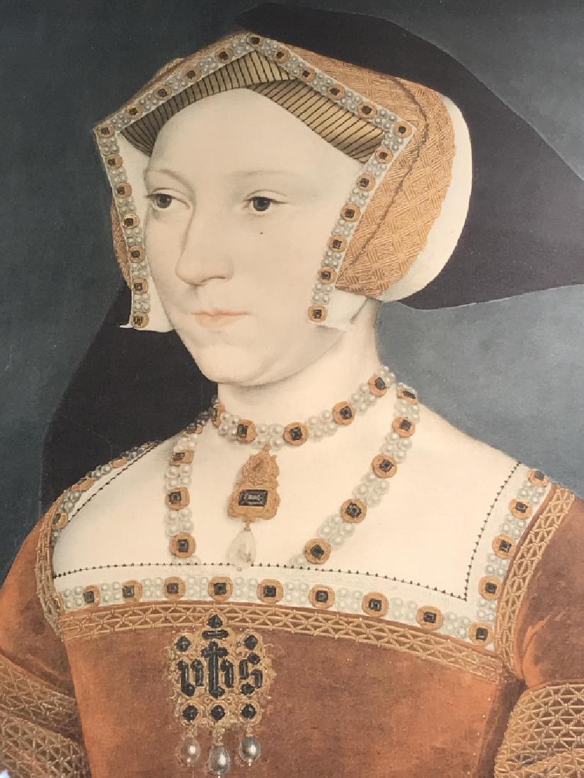 Framed Tudor Portrait of Jane Seymour, Lithograph: Framed portrait of Jane Seymour, possibly a lithograph or facsimile reproduction of Hans Holbein the Younger‘s original portrait. Artwork is set behind glass in gold and red tone wood frame. Verso h