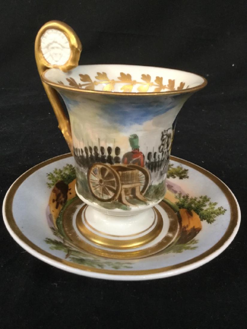 Hand Painted Porcelain Tea Cup w Saucer: Early Porcelain trademarked with N and Crown cup measures ht 5 inches, diameter of saucer app 5.5 inches tableware, tabletop accessory, porcelain