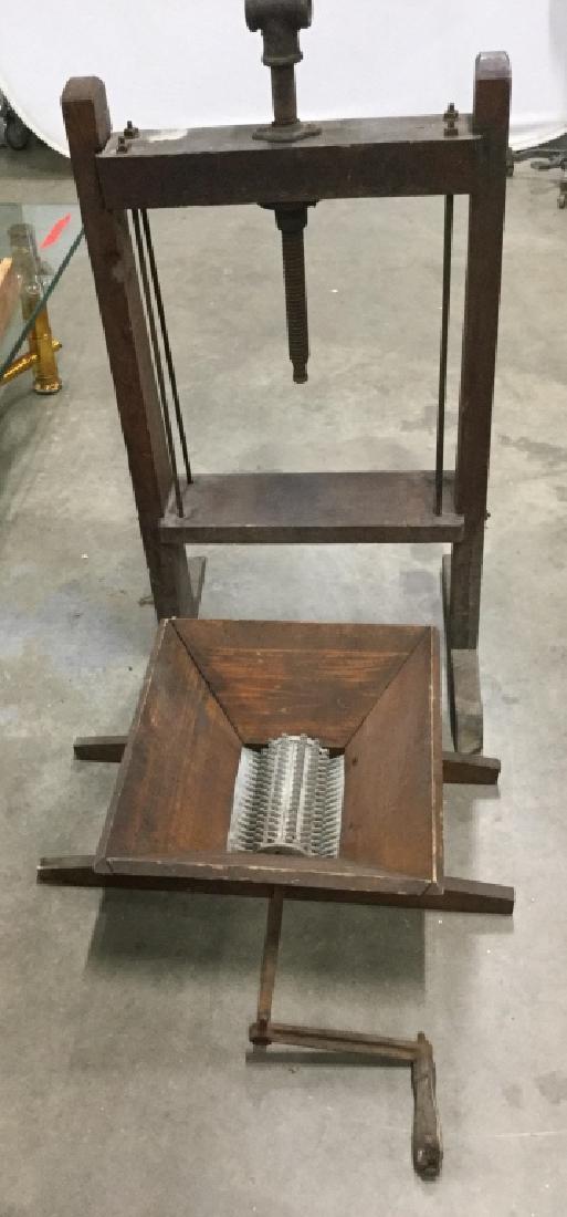 Antique Wood Metal Iron Wine Press: In twopieces, needs assemblage, wood basket with crank turn handle and rotating gears for grinding, mashing, squishing grapes, with wood frame and crank press, ht of frame app 45 inches, wood crate wi