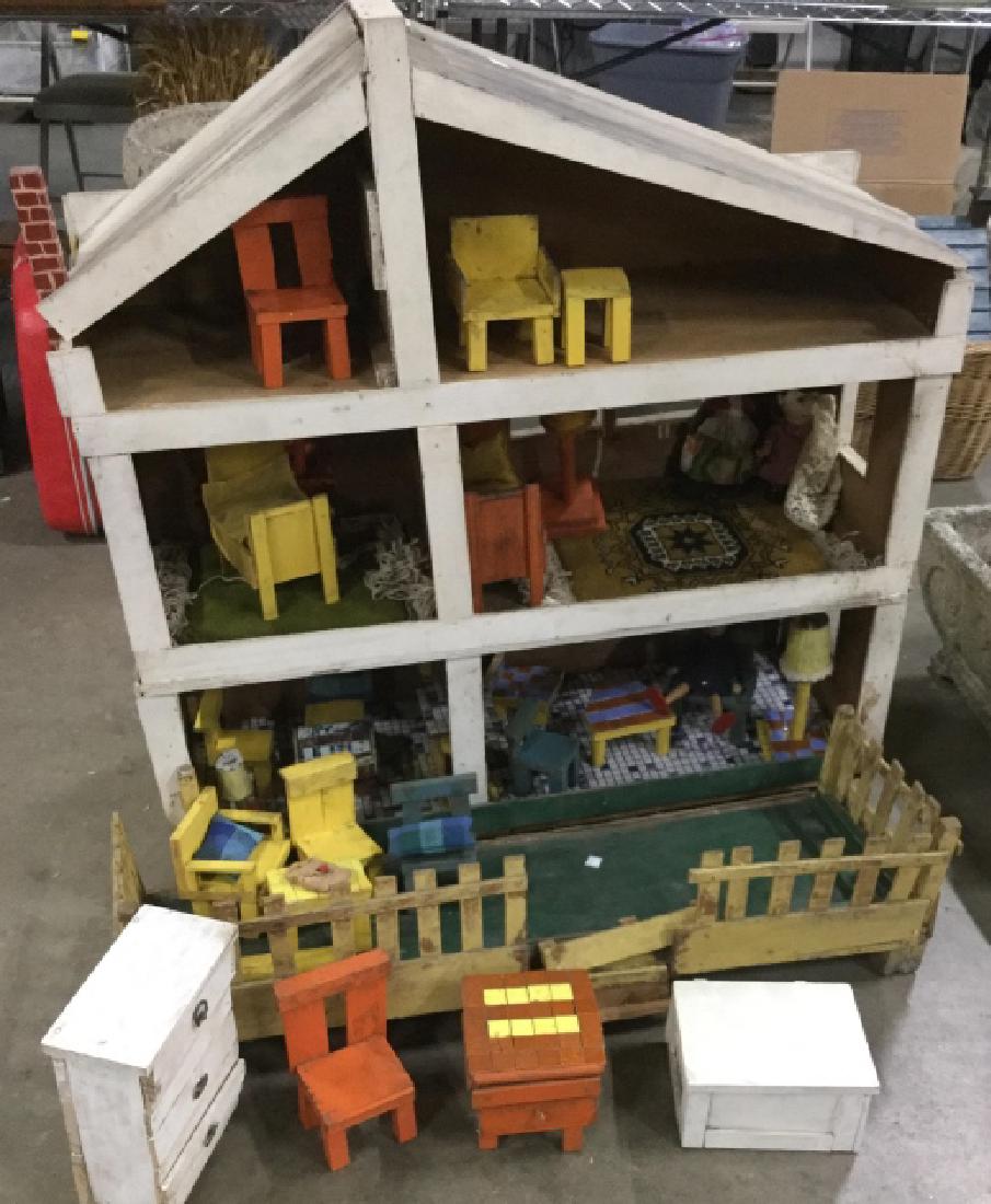 Hand Crafted Wood Doll House Furnished: Vintage possibly antique doll house, three stories, painted construction, two rooms have area rugs carpets, front has painted porch and picket fence needs re attachment, some repair required, comes wi