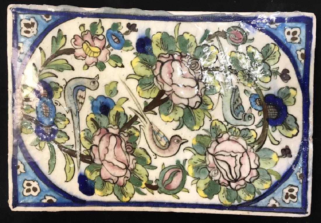 Painted Glazed Cement Tile Artwork: Artwork appears to possibly be painted on cement. Depicts birds, flowers, branches, and leaves. Measures approx 14 inches long 10 inches tall. decor piece, wall art, home accessory 6.