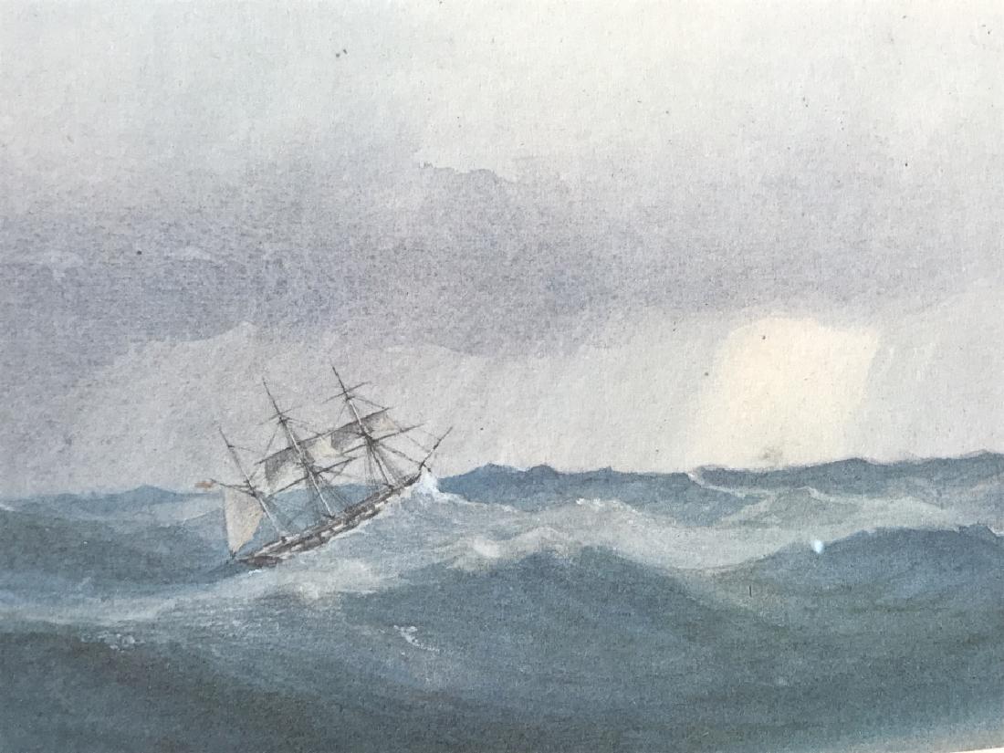 Pair of Framed Prints, Ships on the Water: Pair of framed prints depicting ships on the water, at sea and in the dockyard. Underneath each image is type, including ‘Norman Morris on passage to Bermuda with Convicts’ in one print, ‘Dockya