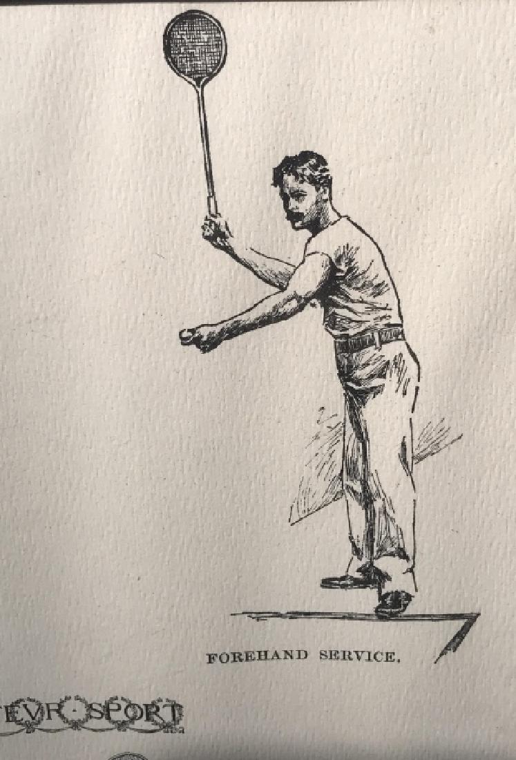 Framed Pulled Print of Racket Sport Players: Framed pulled print of racket sports players. Type in center reads ‘Amateur Sport, Rackets, A game for Ex Athletes.’ Artwork is Set in light tone wood frame. Measures approx 15.5 inches in height