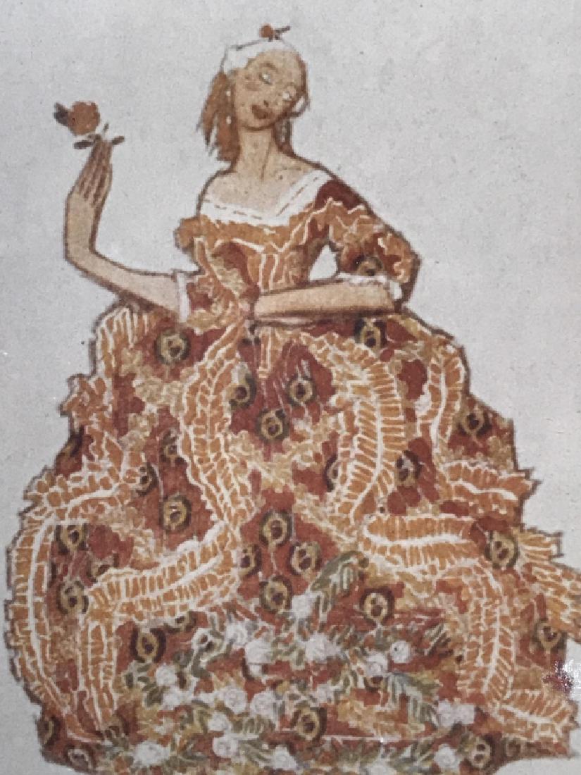 Framed Print of Theater Set & Costume Designs: Framed print of theater stage set and costume design illustrations by Andre Derain and Leon Bakst. Print is matted and set in gold tone wood frame. Measures approx 16.5 inches in height by 12.5 inches