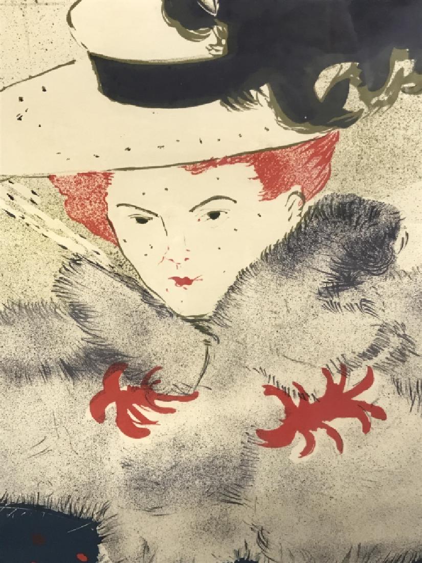 Framed Poster, Toulouse-Lautrec’s Revue Blanche: Framed poster print of Toulouse-Lautrec’s La Revue Blanche. Poster depicts woman in Prussian blue and red winter coat. Poster is in black tone metallic frame. Measures approx 37.2 inches in height b