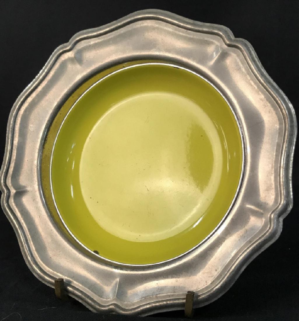 Silver Toned And Enamel Dish: Silver Toned And Enamel Dish, 7 in diameter, good condition, has yellow enamel Liner, scalloped Rims, Silver Toned Dishes, Trinket Dish, Kitchenware, Tableware, 5