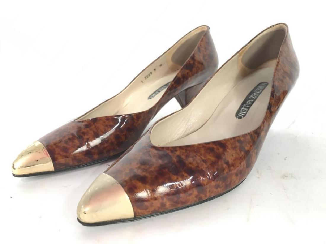 MARTINEZ VALERO Women’s Heels: Heels appears to be 2 inches tall. Inside of shoe reads MARTINEZ VALERO SIZE 9M. Shoes have a tones of light and dark brown. Toe of shoes are gold toned. fashion accessory, wearables, summer / evening