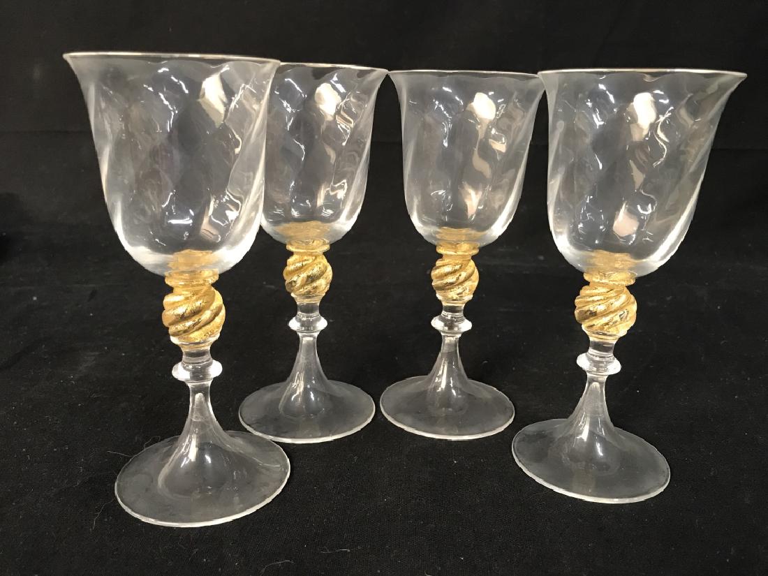 Set of 4 Murano Art Glass Wine Goblets: Set of 4 Wine Goblets, 6 x 2 3/4 in, good condition, Wine Goblets, Gold Toned Wine Goblets, Bar Ware, Kitchenware, art glass goblets, stemware murano art glass , 5