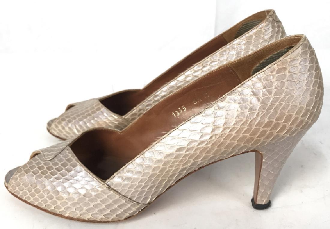 EVAN PICONE Open Toed Women’s Heels: Inside of shoes read EVAN PICONE size 8 1/2 M . Toes of shoes are open. Heels appear to be 3 inches tall. Shoes are tan toned with faux reptile skin detail. Fashion accessory, wearables, shoes, heels,