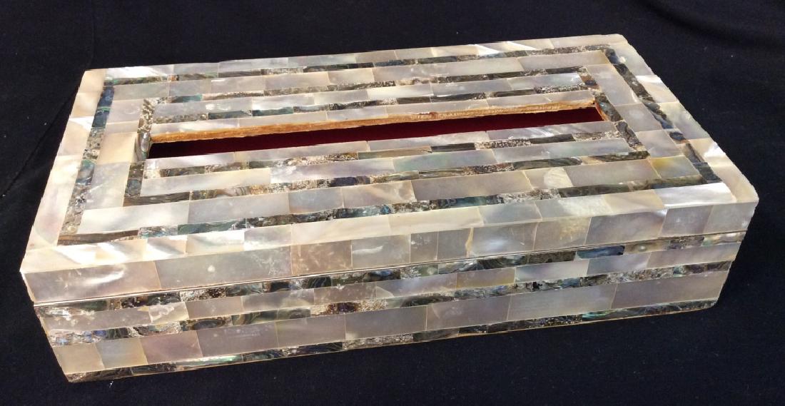 Abalone And White Shell Tissue Box: Abalone And White Shell Tissue Box with red velvet lining, measures approx 11.25 inches long x 5.75 inches wide x 2.5 inches tall, needs cleaning, some marks to velvet lining. Tabletop Accessories, De