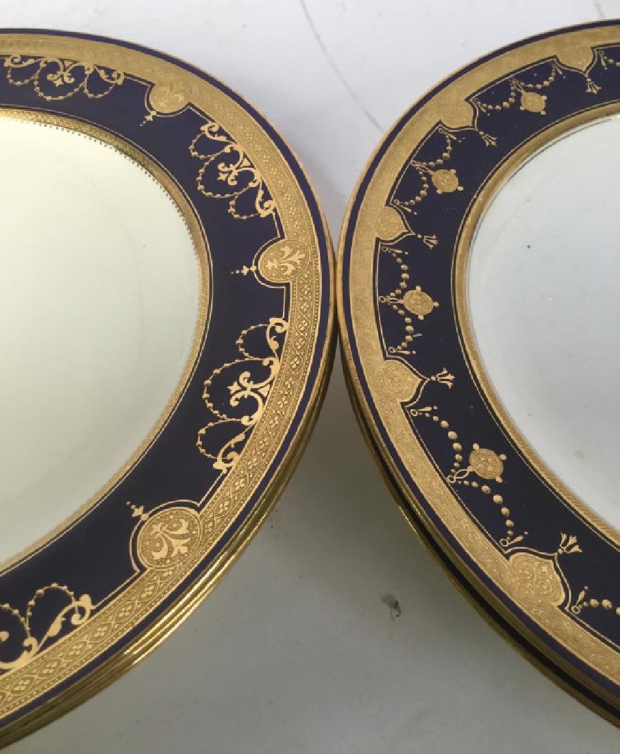 TIFFANY MINTON Porcelain Plate set 6: Early plates marked for Minton, marked for Tiffany &Co New York, Made in England, royal blue and gold leafed wide borders on white ground, each plate measures app 10 inch diameter, some have been repa