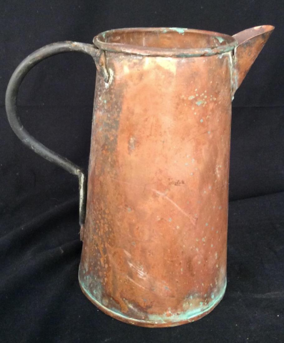 Hand Crafted Copper Metal Pitcher Jug: Possibly antique, hand forged copper pot, Pitcher, vase, table ware, curved metal handle, Country decorative accessory, measures ht app 11 inches, width handle to spout app 10 inches