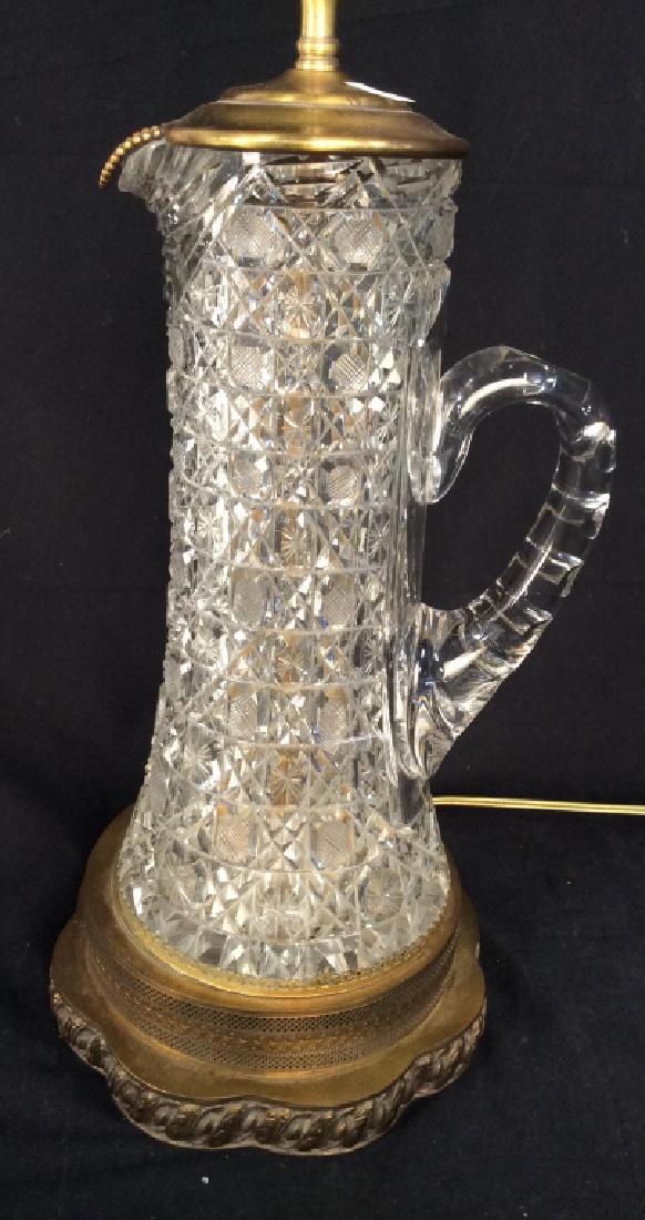 Cut Glass Brass Pitcher Converted To Lamp: Intricately Cut Glass Pitcher with Gilded Lid and Base made into lamp, Pitcher ht app 16 inches, ht to finial app 33 inches tableware, table lamp, home accessory, home decoration