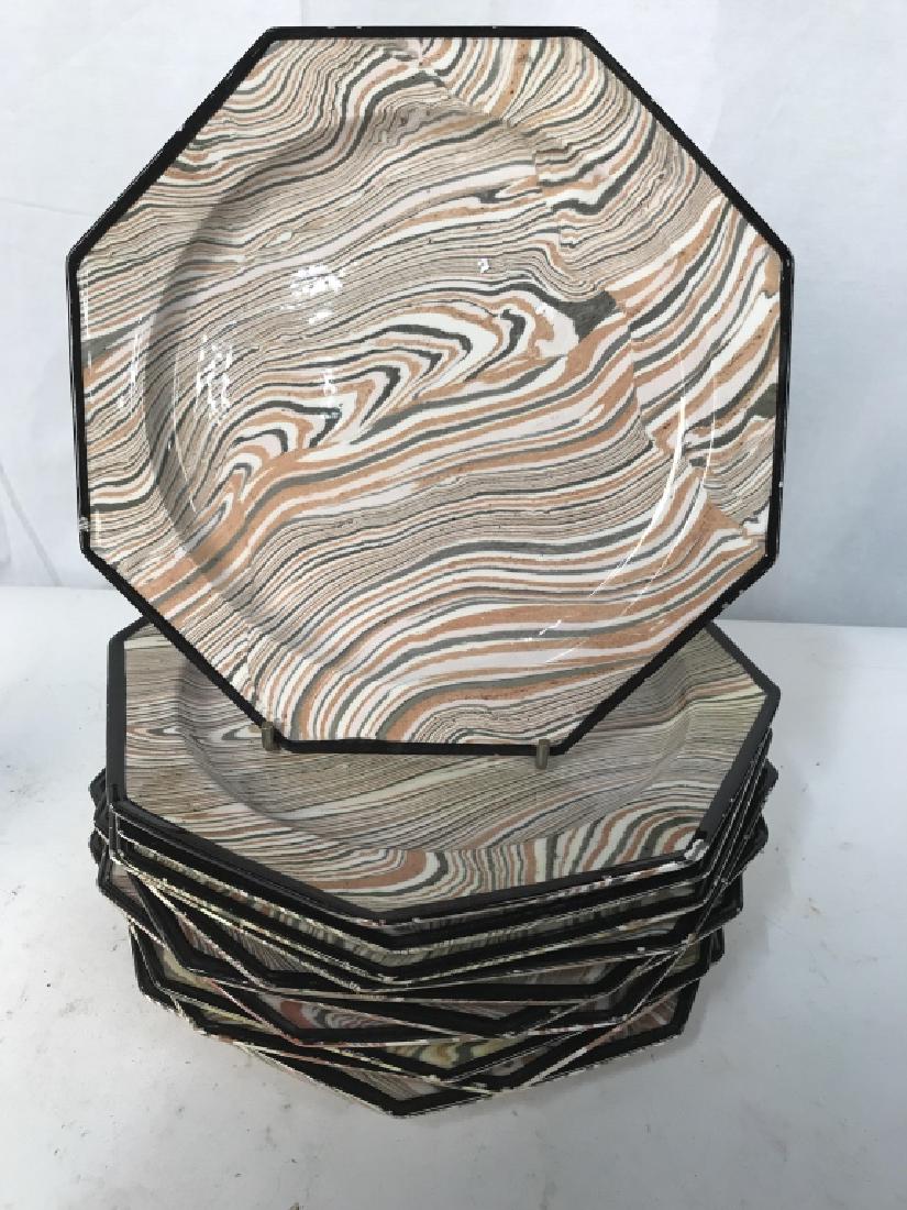 Set Octagonal Swirl Patterned Plates, Italy: Set of 11 Vintage Plates, glazed ceramic in earth toned swirl patter, rim chips and wear, each measures app 10 inch diameter, dinnerware, dinner plates, tablewre