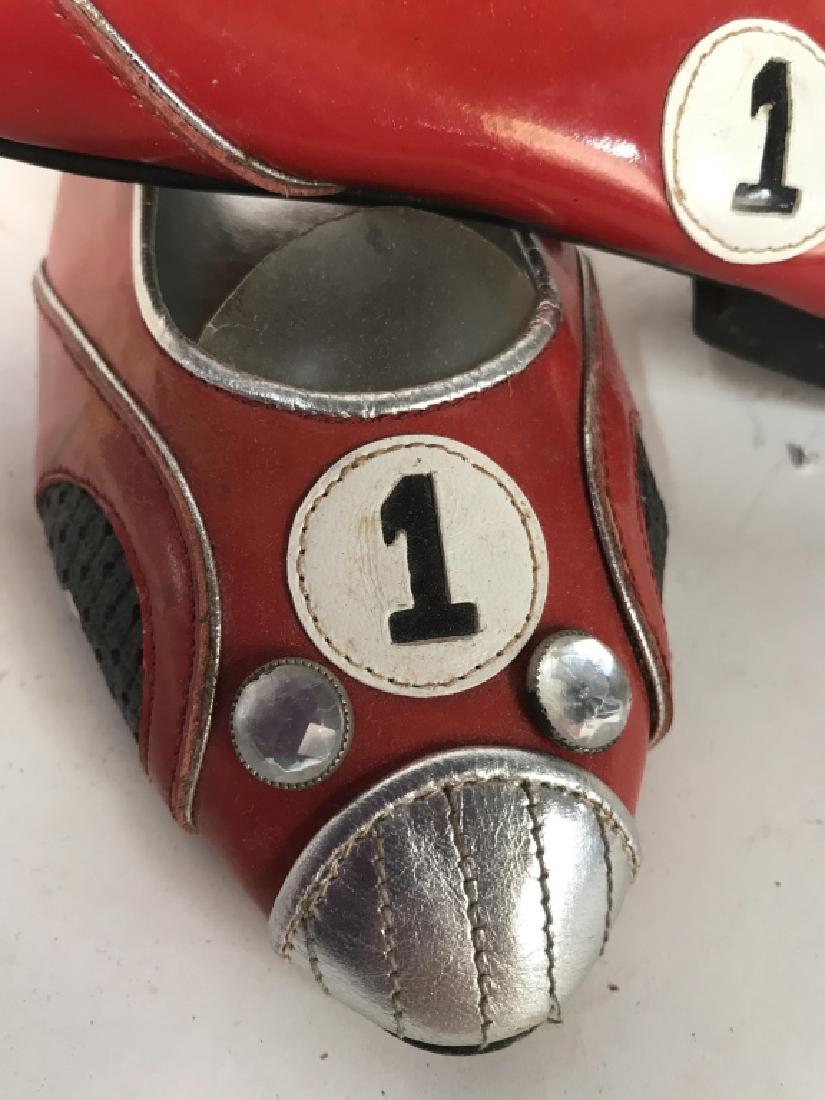 Pair Red Leather Race Car Shoes, Italy: With headlights and tire leather detailing, made by ENZO of ROMA, made in Italy, size 35 fashion accessory, wearable, shoes, ballet flats