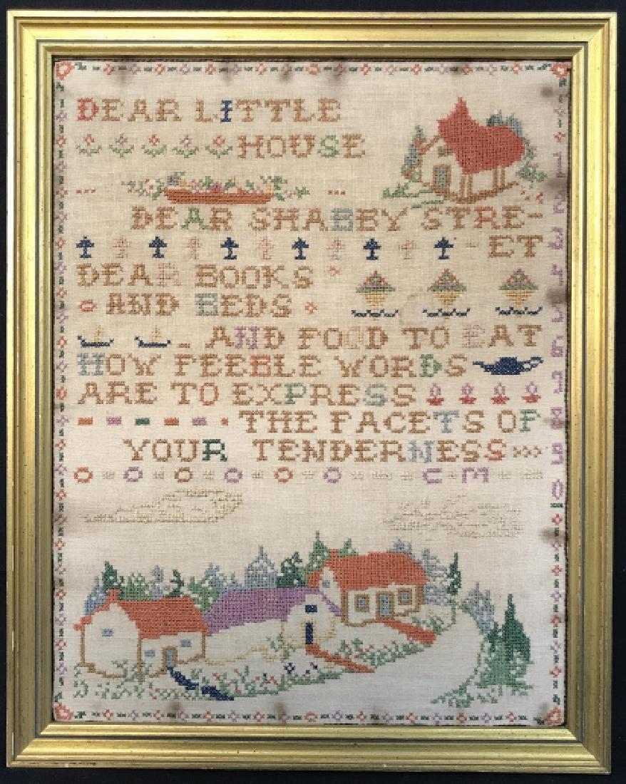 Antique Hand Stitched Framed Sampler: Antique sampler, child's embroidery, alphabet lesson on silk, with houses and prairie scene, gold leafed frame, memorabilia, collectible, child's art, measures app 17 by 13 inches, embroidery, cross s